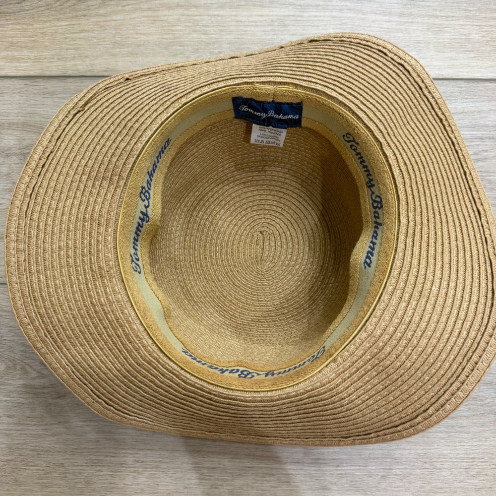 Tommy Bahama Tan Paper Braid Boater Hat Black Band Gold Marlin Pin Large XL - Picture 4 of 7